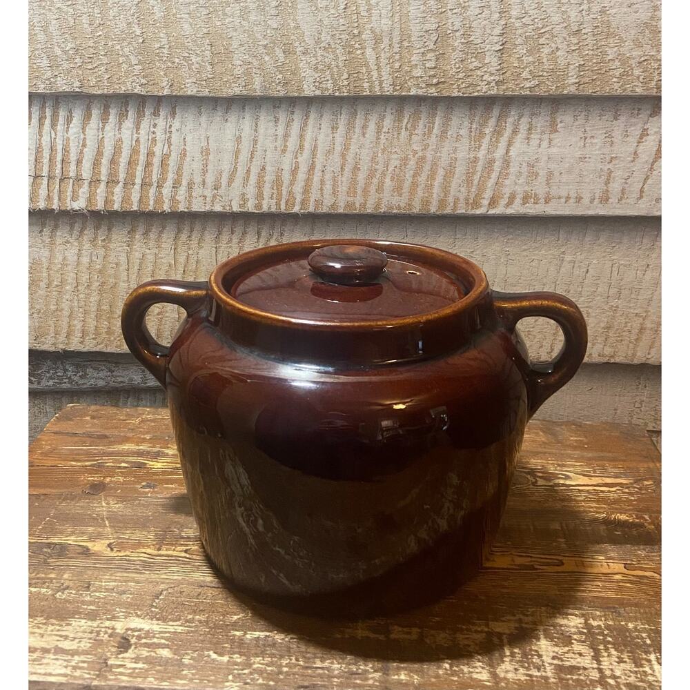 Vintage 1970s Brown Glaze MCM Ceramic Bean Pot W/ Handles USA